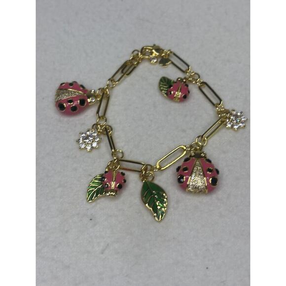 Kate Spade Ladybug Charm Bracelet Gold Tone Pink Enamel Flower Accents - Picture 1 of 3